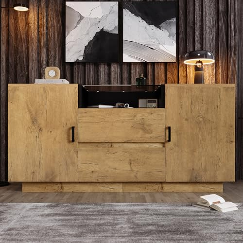 Merax Sideboard Holz Kommode mit 2 Türen,2 Schubladen und offenem Fach-ESG-Glas,rustikal Sideboard Küchenschrank Buffet mit Verstellbares Ablage,für Schlafzimmer,Wohnzimmer,Dunkle Eiche/140x40x70cm