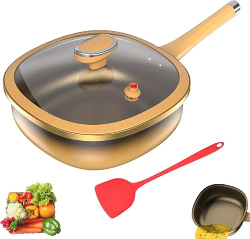 Wongify 12in Titanium Alloy Non-Stick Pot with Lid – Deep Titanium Cooking Pan, Non Stick Frying Pot with Steamer Basket for Stir-Frying, Frying & Stewing, Home Kitchen and Outdoor Camping (A)