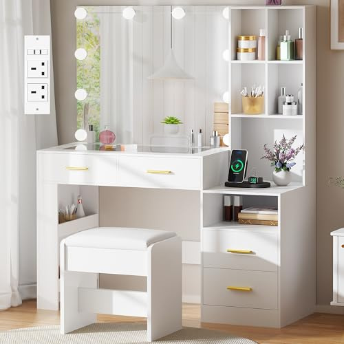 BEWISHOME Dressing Table with Mirror and Lights,Vanity Desk with Glass Top and Power Outlet,White Vanity Table with Stool,4 Drawers,6 Open Storage Areas, Makeup Desk for Bedroom Dressing Room YFST28W