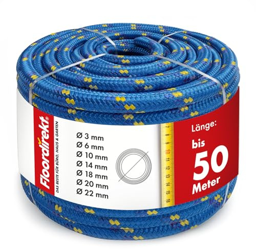 Floordirekt Polypropylen Seil K2 – 20mm 10m blau-gelb, UV-beständig & wetterfest – strapazierfähiges PP-Seil für Garten, Camping, Boot & Landwirtschaft