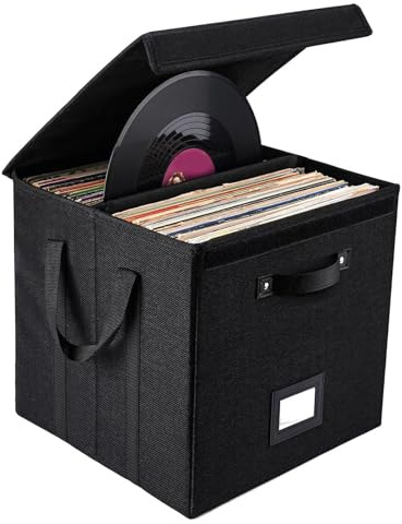 Jiawu Skivförvaringslåda, Hopfällbar Albumsamlingsfack, Stapelbar Förvaringslåda med Lock, Stor Kapacitet för Dokument, Böcker, Cd-skivor (Svart)