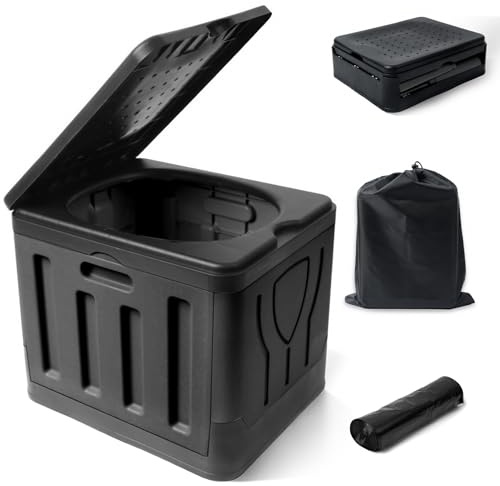 Inodoro plegable de viaje, rectangular, inodoro de camping, sin productos químicos, portátil hasta 100 kg, con bolsa de almacenamiento y bolsas de basura, para camping, exteriores, festivales, tiendas