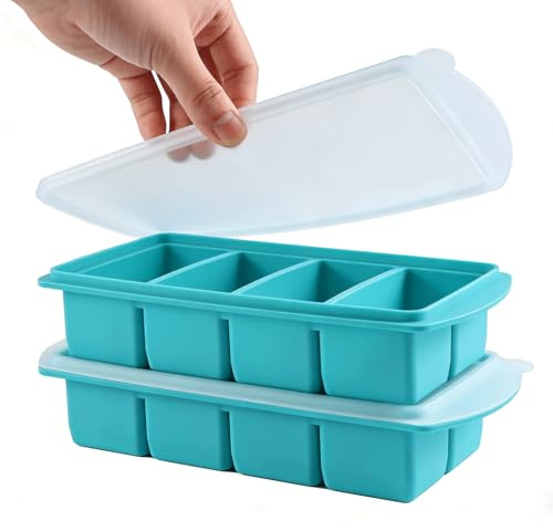 Shudyear 2-Pack Silicone Freezer Tray with Lid, Soup Freezer Container, Large Ice Cube Tray, Baby Food Freezer Trays, Makes 8 1-Cup Storage Containers for Storing 250mL Broth, Leftovers and Sauce