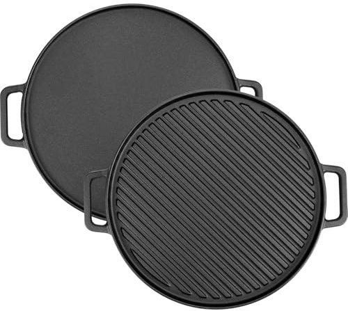 Cast Iron Griddle Pan, Round Pre-Seasoned Grill Pan with Dual Handles, 30cm | Reversible Cast Iron Skillet with Flat and Ridged Sides for Frying, Searing and Grilling on Hobs, Ovens and BBQ Camping