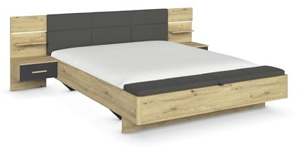 Rauch Möbelwerke Mosbach Bettanlage – Komfort-Bett mit Polsterkopfteil, Stauraum-Sitzbank & Nachttischen – 180x200 cm Liegefläche – Eiche Artisan/grau