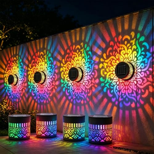 Outdoor Solar Mandala Lights, Color Changing Mandala Projector Wall Light, Metal Decorative Fence Lights for Garden Patio Backyard Yard, 2026 New Solar-Powered Shadow Lamp (4Pcs)
