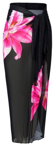 RANYAKE Jupe Paréo de Plage en Maille Transparente à Imprimé Floral, Taille Unique, Noir avec Imprimé Lys Rose, Séchage Rapide, Fente Haute, Liens Réglables