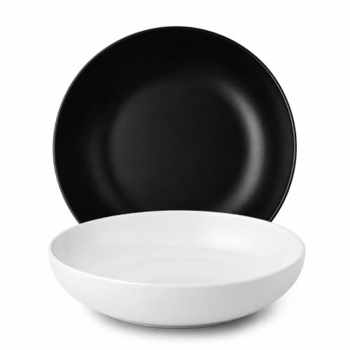 Cecaro Group Servizio Piatti 12 Pezzi in Ceramica – 6 Piatti Piani Neri + 6 Piatti Fondi Bianchi – Set Tavola per 6 Persone – Lavastoviglie e Microonde – Design Moderno