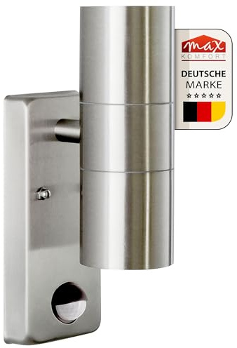 max K O M F O R T Außenwandleuchte mit Bewegungsmelder aus Edelstahl – Up & Down Wandleuchte – 2x GU10 Fassung – IP44 230V – Moderne Eingangsleuchte – Lampe 109E