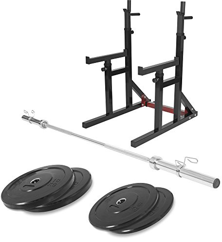 GORILLA SPORTS® Squat Rack - med skivstångssats, 30 mm / 50 mm, skivstång och 30 kg viktskivor, justerbar, med dipphandtag - skivstångsställ, hantelställ, squatställ