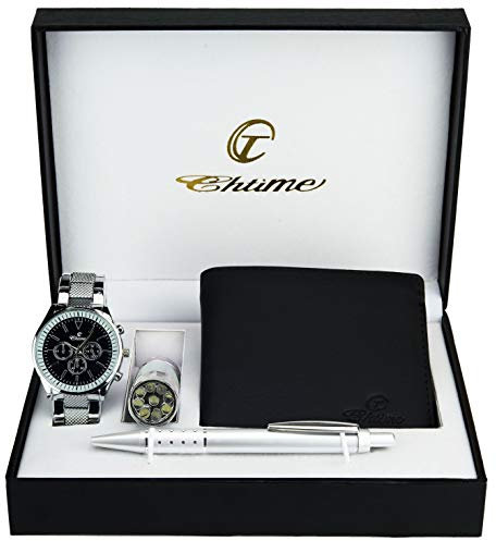 BELLOS Coffret Cadeau Montre Homme Noir - Lampe LED - Portefeuille -Stylo
