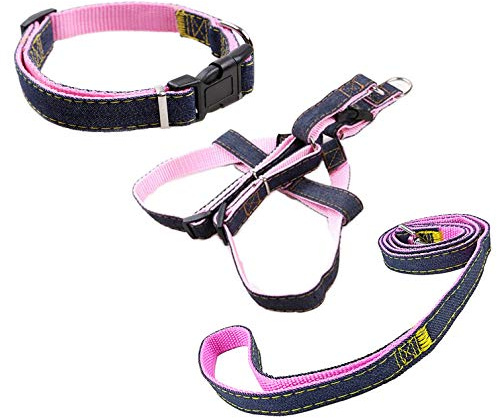 Newtensina Mode Hundegeschirr Halsband und Leine Set Bequemer Jeansstoff Welpengeschirr Kragen mit Leine für Hunde - Pink - S