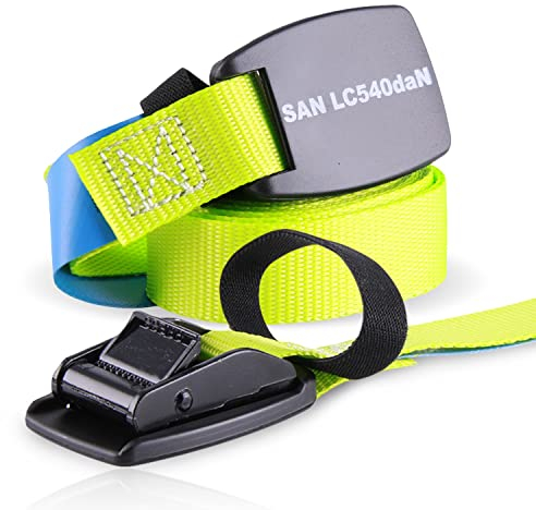 Set di 2 cinghie di tensione di alta qualità con chiusura a morsetto, colore giallo fluo e protezione della fibbia in gomma, lunghezza 4 m, larghezza 25 mm, portata fino a 540 kg, DIN EN 12195-2