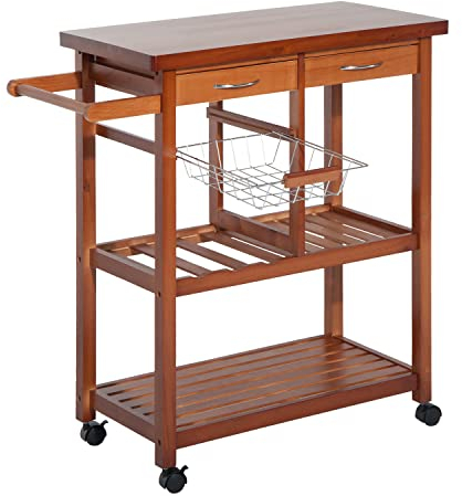HOMCOM Carrello Portata da Cucina in Legno con Portabottiglie, Cestello, 2 Ripiani, 2 Cassetti, Legno di Pino, Resistente, Agevole, Versatile, 84.5x37.2x85cm