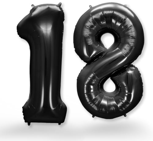 FUNXGO® Folienballon Zahl 18 Schwarz - Riesenzahl Ballon ca.100 cm - fliegt mit Helium - 18. Geburtstag Luftballon - Deko zum Geburtstage, Party, Hochzeiten - Ballon 18 Schwarz