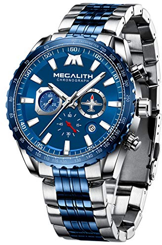 MEGALITH Uhren Herren Edelstahl Chronograph: Blau Silber Armbanduhr Herren Große mit Datum - Wasserdicht Quarz Uhr fur Männer Designer
