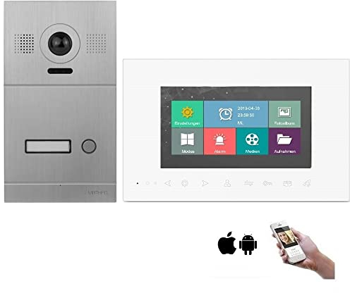 MATHFEL 4 Draht Video Türsprechanlage Gegensprechanlage Fischaugenkamera 170 Grad, HD Auflösung WLAN, Farbe: Silber, Größe: 1x7'' Monitor weiß Außenstation silber