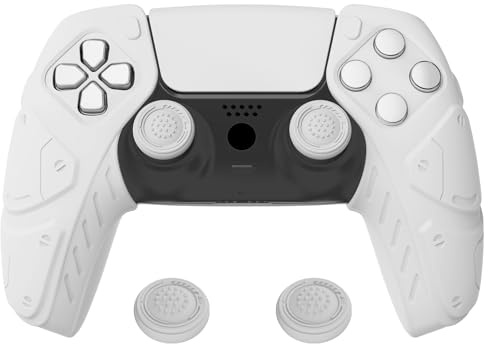 PlayVital Protection pour ps5 Coque Manette,Housse Silicone avec Capuchon pour ps5 Grips Joystick Controller Cover Skin Compatible avec Station de Charge,Édition Méca-Blanc