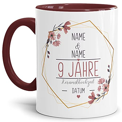 Tasse zum Hochzeitstag Keramik Hochzeit - mit Name & Datum selbst gestalten - 9 Jahre Ehe, Paar, Geschenk Hochzeit, Jubiläum, Jahrestag I Personalisiert, Keramik Innen & Henkel Weinrot 300 ml