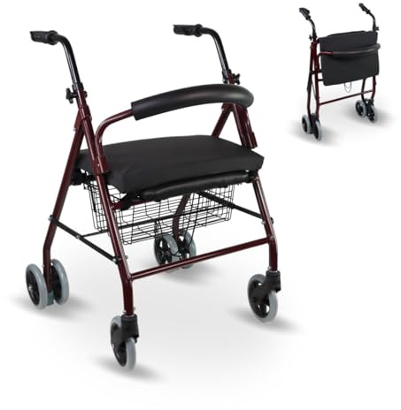 Mobiclinic, Déambulateur avec coussin viscoélastique, Prado plus, Freins à pression, Aluminium, Pliable, Panier, Siège, Pour personnes âgées, Léger, 4 roues, Bordeaux