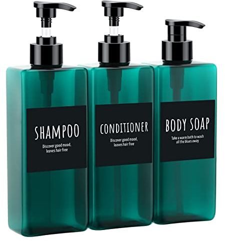 Flacone a Pompa Vuota Riutilizzabile, Segbeauty Flaconi per Balsamo Shampoo da 16,9 oz, Dispenser a Pompa da 3 Pezzi da 500 ml con Etichette, Contenitore per Lozione in Plastica, Verde Mare Chiaro