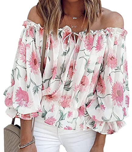 Ausla Top con Estampado Floral Y Hombros Descubiertos para Mujer, Blusa Sexy sin Tirantes con Mangas Acampanadas Y Volantes, Blusa Carmen Elegante de Verano con Encaje(XL-Blanco)
