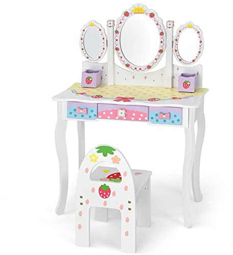 DREAMADE Schminktisch Kinder mit Hocker, Prinzessin Frisiertisch mit klappbarem Spiegel & 3 Schubladen, Frisierkommode Kinderschminktisch für Kinder Mädchen (Weiß)