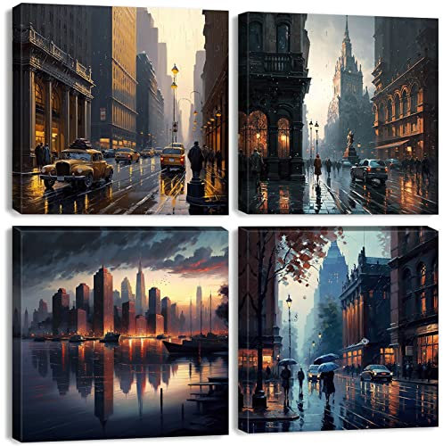 London City Wandkunst, 4-teilig, Pariser Skyline, Landschaft, Leinwand, Gemälde, Dekor, 30,5 x 30,5 cm, Sonnenuntergang, Stadtbild, Panorama-Bilder, modernes Kunstwerk für Wohnzimmer, Schlafzimmer,