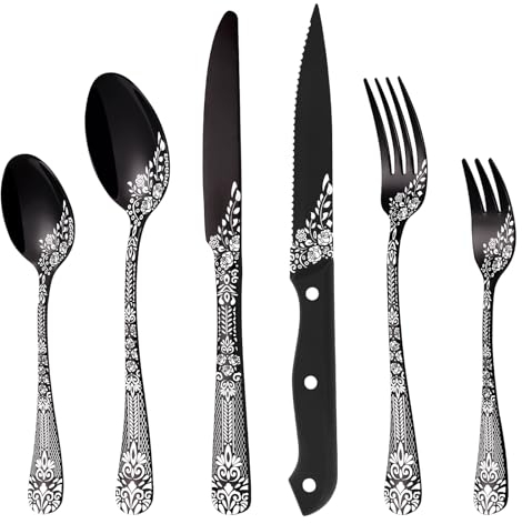 Besteck Set Schwarz für 6 Personen, HONKKU 36-teiliges Edelstahl Besteckset mit Steakmessern, Essbesteck Set Spiegel Polierter mit Blumenmustern, Gabel Löffel Messer Set Geschirrspüler Safe