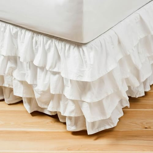 Surwin Weiß Betthusse 150x200cm Bettrock mit Rüschen Ruffle, Elastische Wrap Around Style Elegant | Bettvolant Bettrock Husse Bed Skirt | mit 45cm Länge (ohne Bettoberfläche)