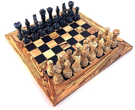 Schachspiel gerade Kante Größe wählbar L/XL inklusive 32 Schachfiguren aus Marmor Handgemacht aus Olivenholz Wenge (L)