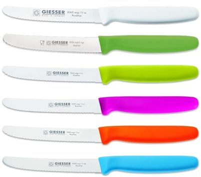 Giesser Messer 6er Set bunt Tomatenmesser Brötchenmesser Allzweckmesser 11cm Wellenschliff 3mm - weiß hellgrün limette pink orange hellblau