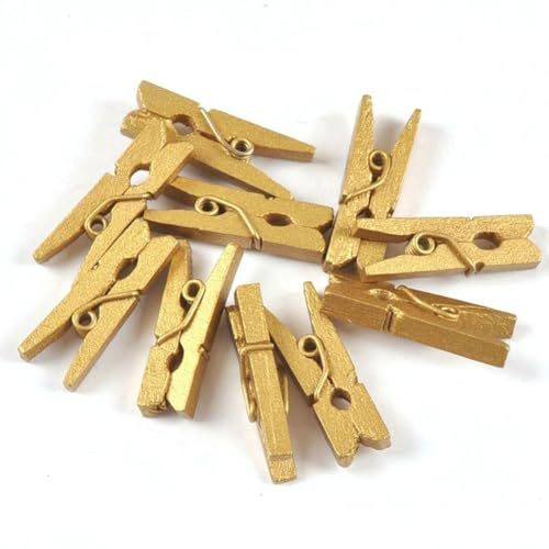 Rockreyoa Lot de 100 mini pinces à linge en bois - Mini pinces décoratives - Pour mur photo, décoration de la maison, bricolage, mélange de couleurs dorées