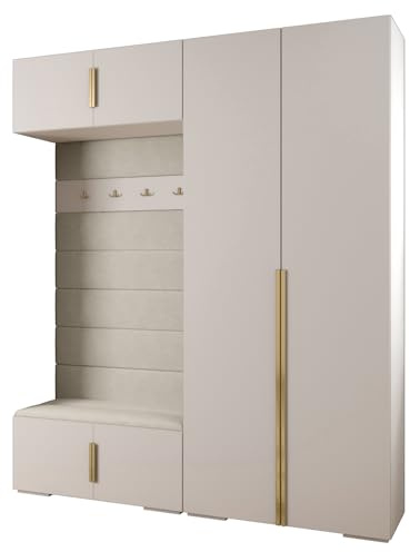 MEBLE KRYSPOL Inova 1 Möbelset - Moderne Garderobe - für Schlafzimmer, Wohnzimmer, Flur, Kinderzimmer - Ankleidemöbel - 236,7x200x47cm - Weiß, Paneele Manila 02, Handgriff Gold