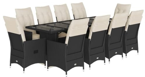 vidaXL Garten Bistroset 11-TLG., Balkonset mit Kissen, Gartenmöbel Tisch 10 Verstellbare Stühle, Balkonmöbel Sitzgruppe Gartengarnitur, Schwarz Poly Rattan