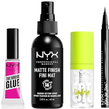 NYX Professional Makeup Bestseller-Set, Bestehend aus Brow Glue Augenbrauen-Gel, Matte Finish Setting-Spray, Fat Oil Lip Drip Lipgloss, Epic Ink Liner Eyeliner