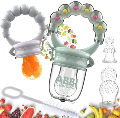Fruchtsauger baby BPA-frei | Komplettset 2 Knabberer + 6 Schnuller [3 Größen] + Reinigungsbürste | ab 3 Monaten gemischte Farben | Diversifizierung Geschenk Baby Beißring Schnuller 1. Alter