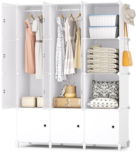 HOMIDEC Kleiderschrank, 12 Würfel Schrank aus Kunststoff, 146 x 107 x 45cm | Tragbarer Regalsystem, Kleiderschrank mit 2 Kleiderstange, Schlafzimmerschrank Kleiderschrank Weiss für Schlafzimmer