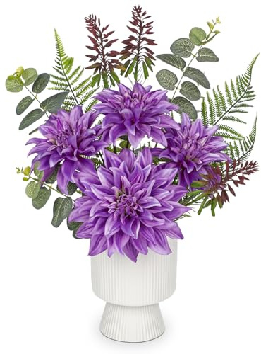 Oairse Dahlia Artificial Flower Arrangement in Ceramic Vase 18.1 Tall Faux Floral Centerpiece with Purple Silk Dahlias Eucalyptus Fake Potted Flowers for Home Office Table Shelf Autumn Decoration