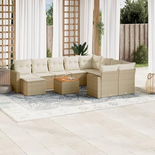Somanki 11-TLG. Garten-Sofagarnitur mit Kissen Beige Poly Rattan, Lounge Gartenmöbel Set, Möbelsets, Balkon Möbel, Gartenlounge, Gartensofa - 3224413