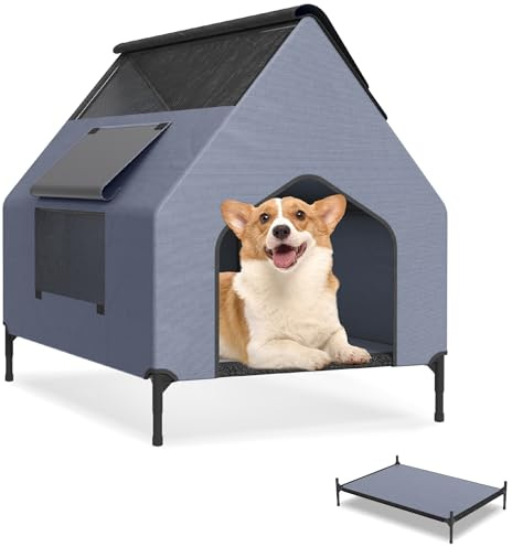 UISEBRT Lettino per cani 2 in 1 coperto e rialzato, con coperchio rimovibile, tenda per cani di piccola e media taglia fino a 60 kg, ideale per giardino, 109,5 x 74,5 x 93 cm