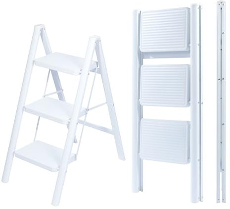 UZIRO Scaletta 3 Gradini, Perfetta per-Casa, Scala Pieghevole e Compatta con Pedali Larghi Antiscivolo, Scaletto 3 Gradini Pieghevol Facile da Riporre e Trasportare, Colore Nero (Bianco, 3 Gradini)