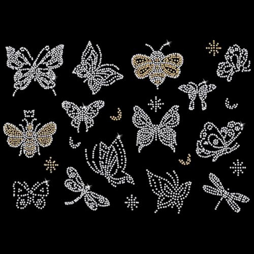FINGERINSPIRE 5 Blatt Schmetterlings Strass Aufbügler Glitzer Kristall Libellen Muster Wespen Hotfix Strass Aufnäher Kleidung Bienen Aufnäher Für Kleidung Kleid DIY Basteln