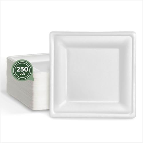 MAXI PRODUCTS - 250 Platos de Caña de Azúcar Desechable - 20 x 20 cm - Plato Vajilla - Plato Caña Azúcar Desechable - Platos para Catering, Eventos y Celebraciones - APTO ALIMENTARIO