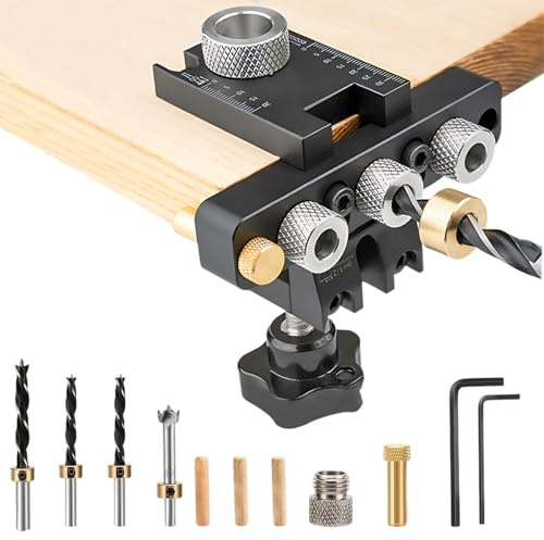 Pochoir de forage 3 en 1 pour meubles, chevilles en bois avec trous de cheville de 8/10/15 mm, clip de positionnement, perforateur réglable pour le travail du bois, panneaux de bricolage