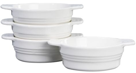JSHKY 4 x Pirottini per Soufflé Brulee in ceramica – 220 ml resistenti al forno – facilmente impilabili – piccole ciotole per crema brulee, dessert, muffin, quiche bianche