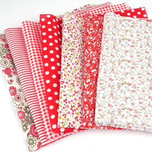 7 Stück Stoff zum Nähen, 50x50cm Rot Patchwork Baumwollstoff Stoffpakete | Blümchen und Kleine Punktchen Muster, DIY Handgefertigte Stoffpakete Fabrics for Sewing Qui