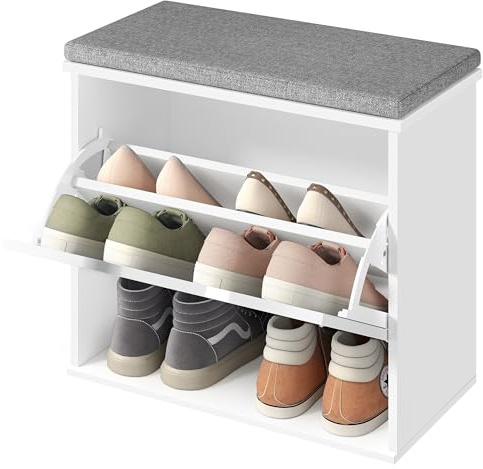 VASAGLE Banco Zapatero Acolchado, Mueble de Recibidor de 3 Niveles para 6 Pares de Zapatos, Cajón Abatible, 30 x 60 x 53,5 cm, para Entrada, Dormitorio, Blanco Nube y Gris Paloma LSB121WB01