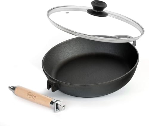 Premium Gusseisenpfanne 24 cm tief mit Glasdeckel – unbeschichtet extrem robust Steakpfanne Bratpfanne für perfekte Röstaromen abnehmbarer Holzgriff für Induktion Ofen Grill Camping Cast Iron Pan