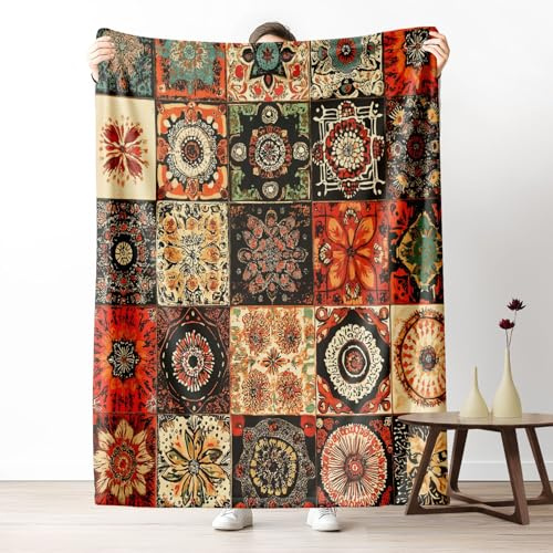 Kioldoq Couverture Polaire Ethnique Exotique Canapé Lit, Couverture en Peluche Patchwork Geometrique Flanelle, Plaid Canapé Vintage Bohème Douce, Couverture Polaire Peluche 150x200 cm